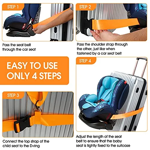 2 Pieces Car Seat Travel Belt, Adjustable Car Seat Travel Strap to Convert Kid Car Seat, Carry-on Luggage into Airport Car Seat Stroller & Carrier Belt Safe Travel Solution (Orange)