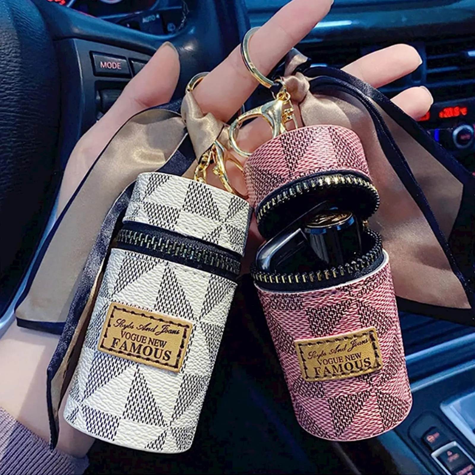 2Pcs Lipstick Organizer, Luxury Leather Lip Gloss Bag, Mini Lipstick Case with Keychain, Girls travel Lipgloss Makeup Storage Holder for Purse Perfume Fingernail Polish (White, Pink)