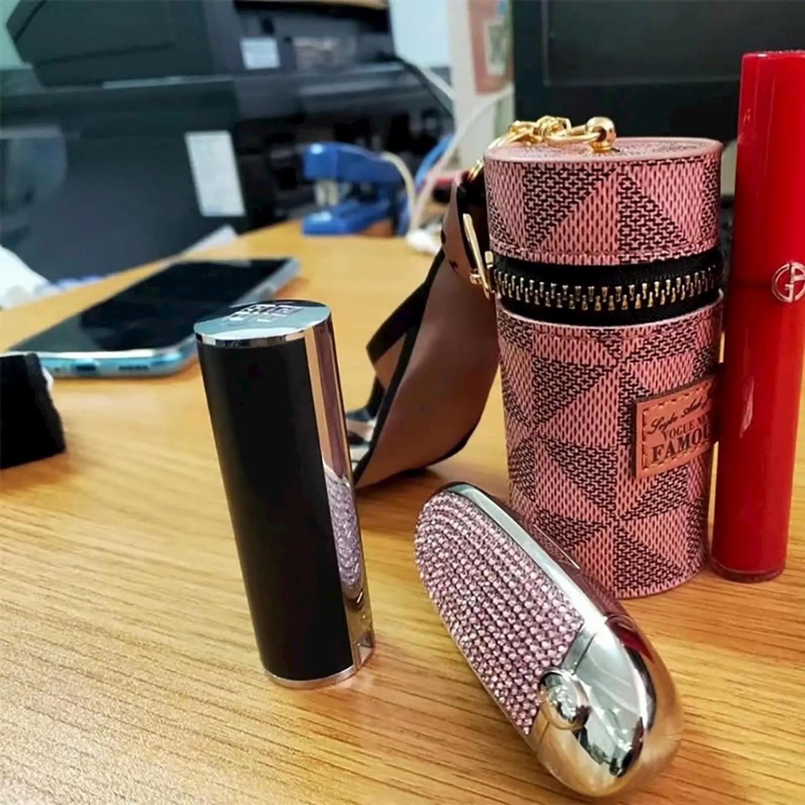 2Pcs Lipstick Organizer, Luxury Leather Lip Gloss Bag, Mini Lipstick Case with Keychain, Girls travel Lipgloss Makeup Storage Holder for Purse Perfume Fingernail Polish (White, Pink)