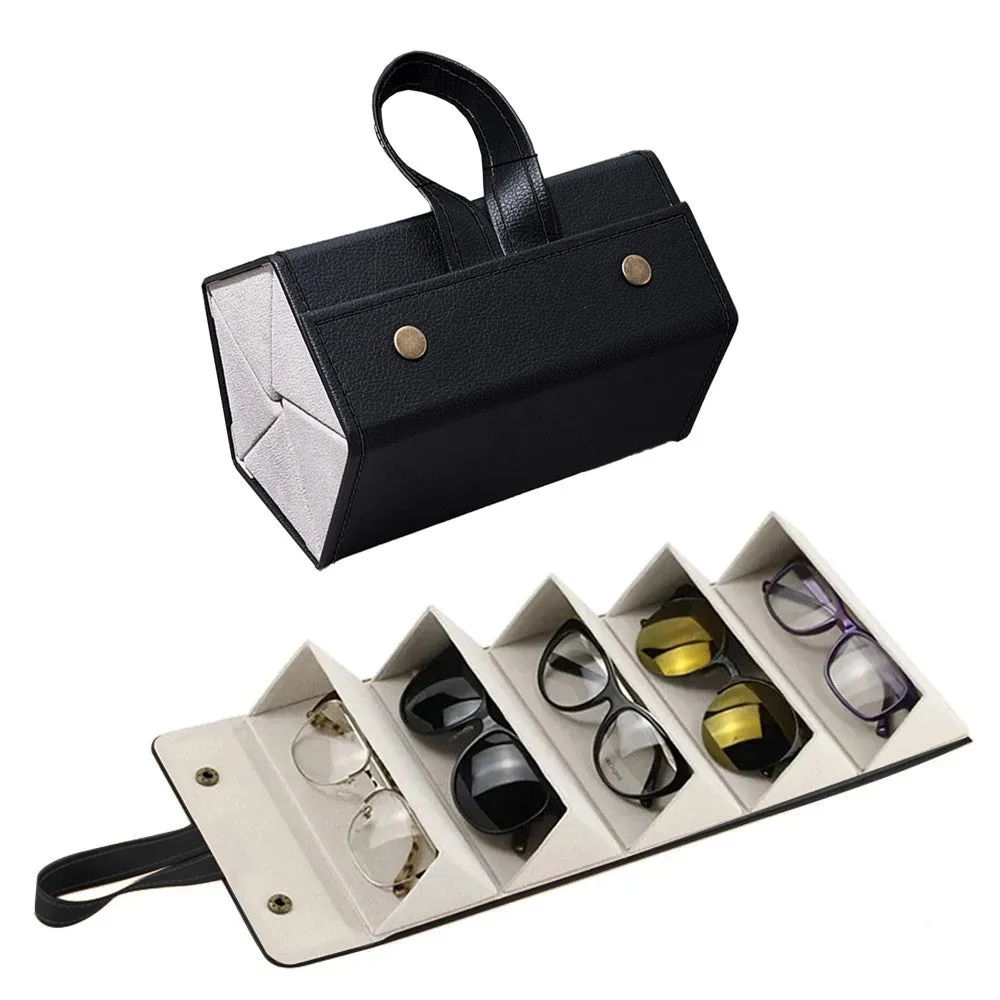 5 Slots Foldable Eyeglasses Organizer Travel Glasses Case Hanging Eyeglass Holder Black