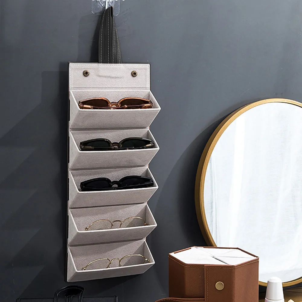 5 Slots Foldable Eyeglasses Organizer Travel Glasses Case Hanging Eyeglass Holder Black