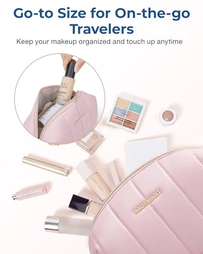 BAGSMART Small Makeup Bag PU Leather Travel Makeup Bag Organizer Makeup Pouch, Portable Cosmetic Bags for Women, Cute Make Up Bag for Travel Size Toiletries Accessories Brushes (Beige)