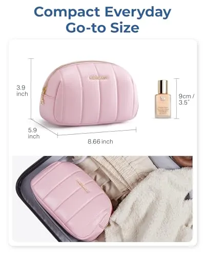 BAGSMART Small Makeup Bag PU Leather Travel Makeup Bag Organizer Makeup Pouch, Portable Cosmetic Bags for Women, Cute Make Up Bag for Travel Size Toiletries Accessories Brushes (Beige)