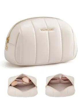 BAGSMART Small Makeup Bag PU Leather Travel Makeup Bag Organizer Makeup Pouch, Portable Cosmetic Bags for Women, Cute Make Up Bag for Travel Size Toiletries Accessories Brushes (Beige)