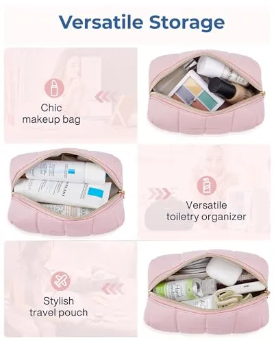 BAGSMART Small Makeup Bag PU Leather Travel Makeup Bag Organizer Makeup Pouch, Portable Cosmetic Bags for Women, Cute Make Up Bag for Travel Size Toiletries Accessories Brushes (Beige)