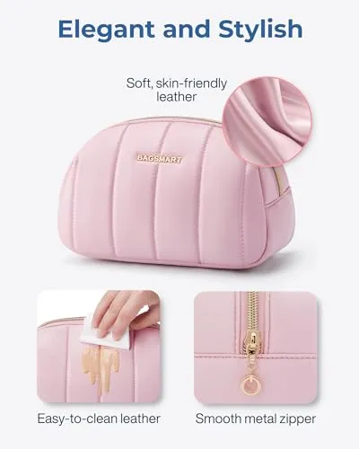 BAGSMART Small Makeup Bag PU Leather Travel Makeup Bag Organizer Makeup Pouch, Portable Cosmetic Bags for Women, Cute Make Up Bag for Travel Size Toiletries Accessories Brushes (Beige)