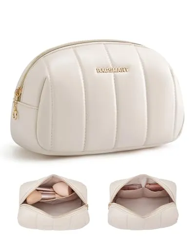 BAGSMART Small Makeup Bag PU Leather Travel Makeup Bag Organizer Makeup Pouch, Portable Cosmetic Bags for Women, Cute Make Up Bag for Travel Size Toiletries Accessories Brushes (Beige)