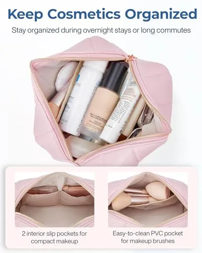 BAGSMART Small Makeup Bag PU Leather Travel Makeup Bag Organizer Makeup Pouch, Portable Cosmetic Bags for Women, Cute Make Up Bag for Travel Size Toiletries Accessories Brushes (Beige)