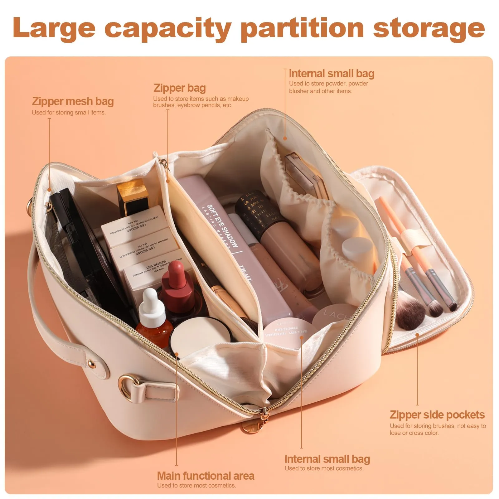 BS-MALL Cosmetic Bags Travel Case Makeup Bag High Capacity Waterproof Travel Makeup Case Organizer, For Women Toiletry Bag (White)