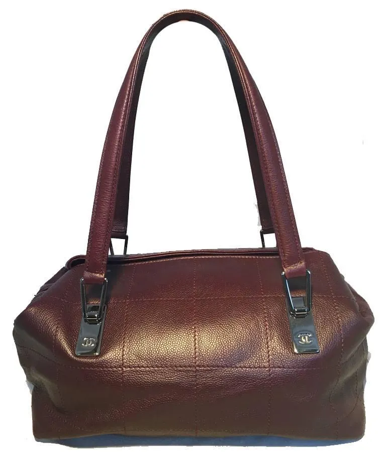 CHANEL Burgundy Caviar Leather Square Quilted Shoulder Bag Tote