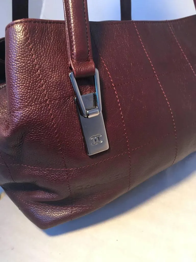 CHANEL Burgundy Caviar Leather Square Quilted Shoulder Bag Tote