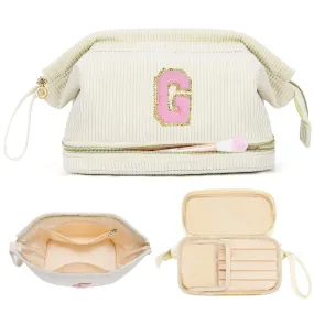 Christmas Gifts for Women-Travel Makeup Bags, Teen Girl Gifts Trendy Stuff Double Layer Initial Cosmetic Bag, Preppy Wide-open Make up Bags for Girls Women Personalized Gift for Birthday/Christmas - G