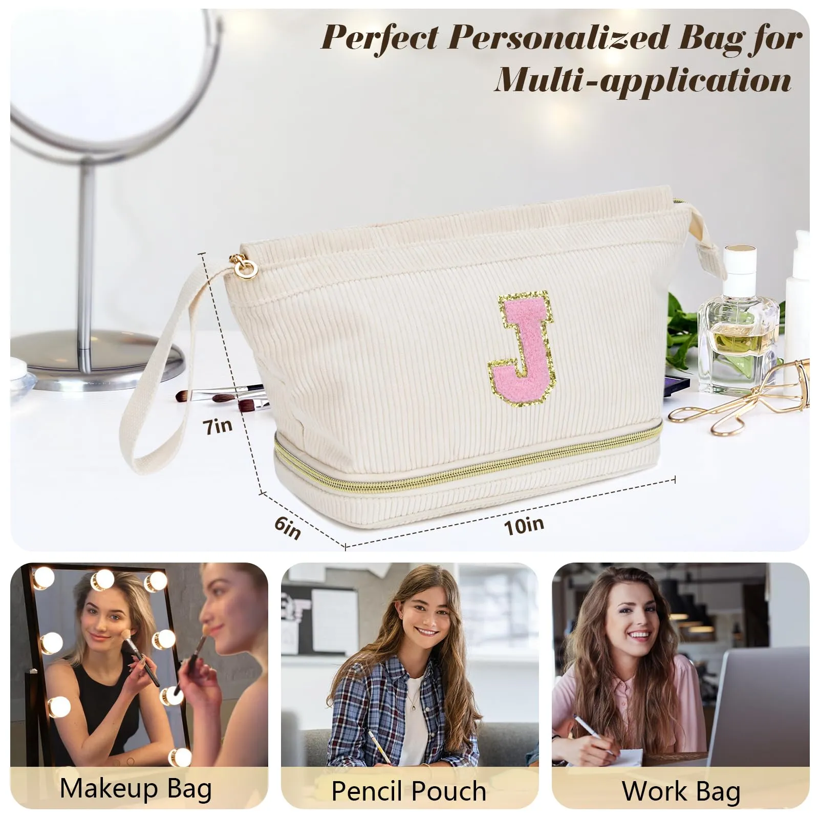 Christmas Gifts for Women-Travel Makeup Bags, Teen Girl Gifts Trendy Stuff Double Layer Initial Cosmetic Bag, Preppy Wide-open Make up Bags for Girls Women Personalized Gift for Birthday/Christmas - G