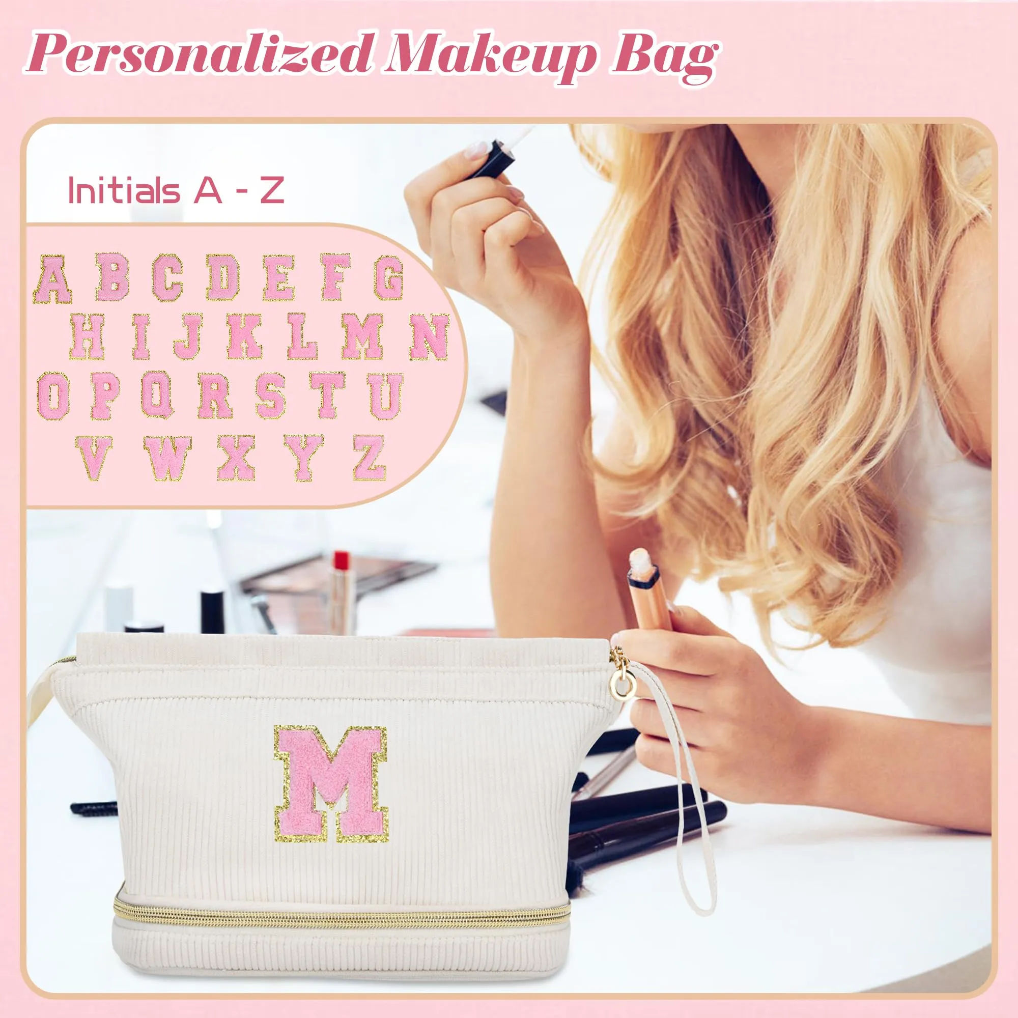 Christmas Gifts for Women-Travel Makeup Bags, Teen Girl Gifts Trendy Stuff Double Layer Initial Cosmetic Bag, Preppy Wide-open Make up Bags for Girls Women Personalized Gift for Birthday/Christmas - G