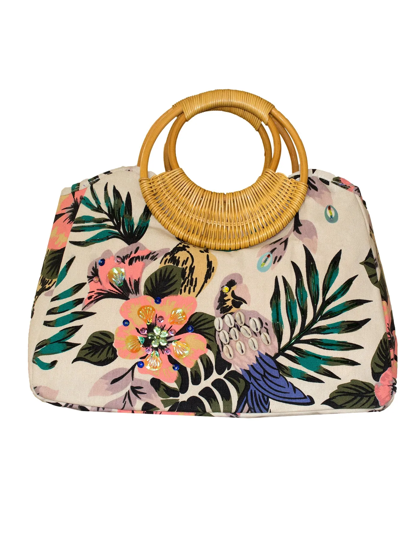 Fino CJK-05051 Embellished Printed Canvas Bag With Bamboo Handle