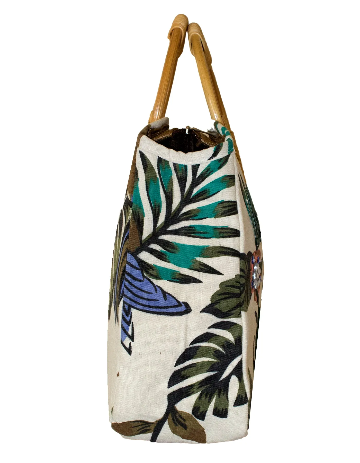 Fino CJK-05051 Embellished Printed Canvas Bag With Bamboo Handle