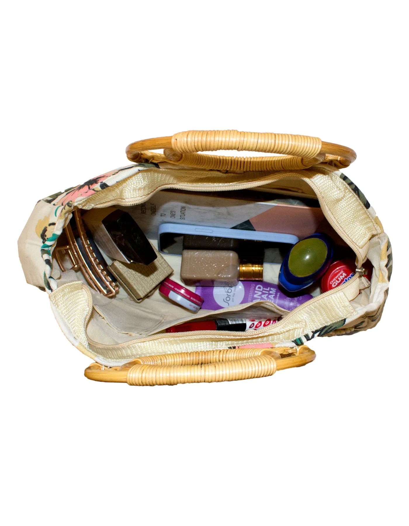 Fino CJK-05051 Embellished Printed Canvas Bag With Bamboo Handle
