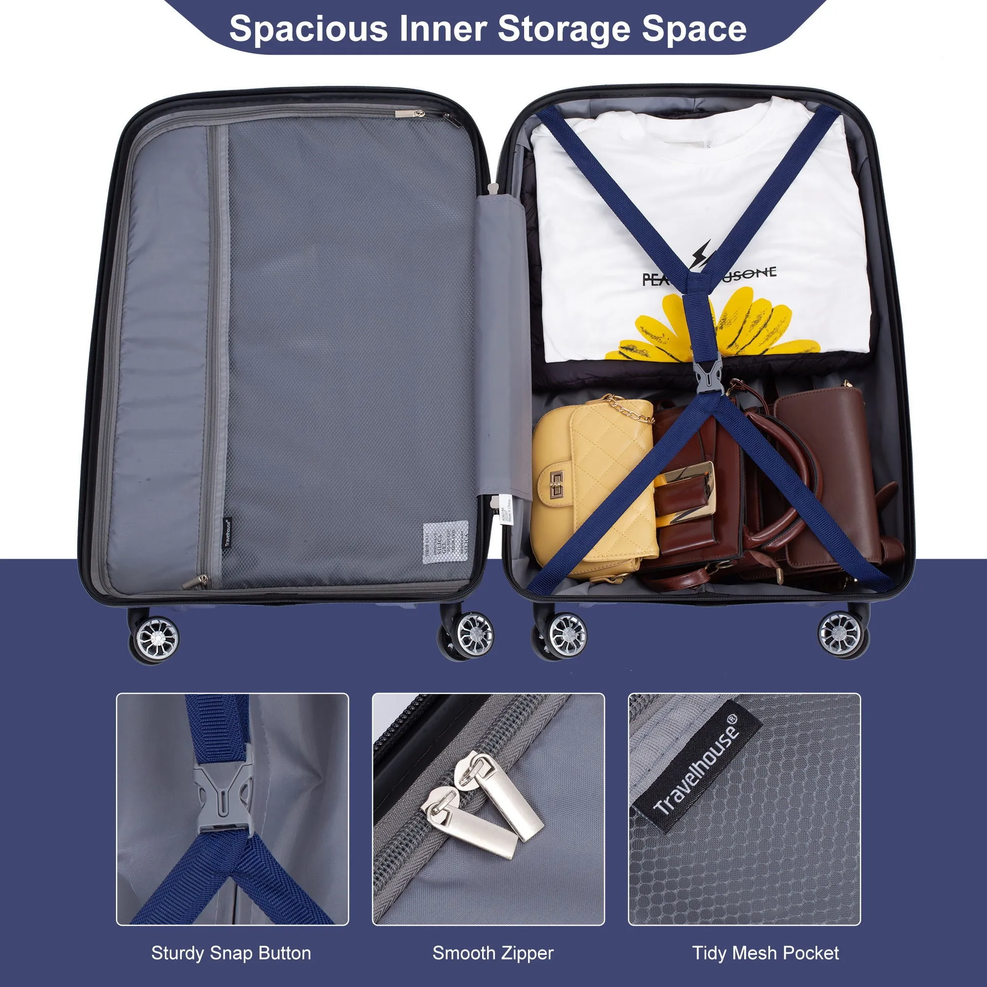 Hardshell Suitcase Double Spinner Wheels Pp Luggage Sets Lightweight Durable Suitcase With Tsa Lock, 3 Piece Set (20/24/28), Navy