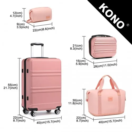 Kono ABS 4 Wheel Suitcase Set - Pink | Includes Vanity Case, Weekend Bag & Toiletry Bag
