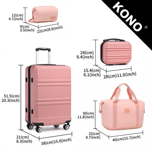 Kono ABS 4 Wheel Suitcase Set - Pink | Includes Vanity Case, Weekend Bag & Toiletry Bag