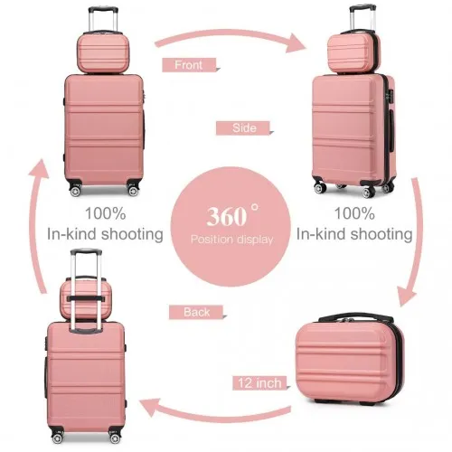 Kono ABS 4 Wheel Suitcase Set - Pink | Includes Vanity Case, Weekend Bag & Toiletry Bag