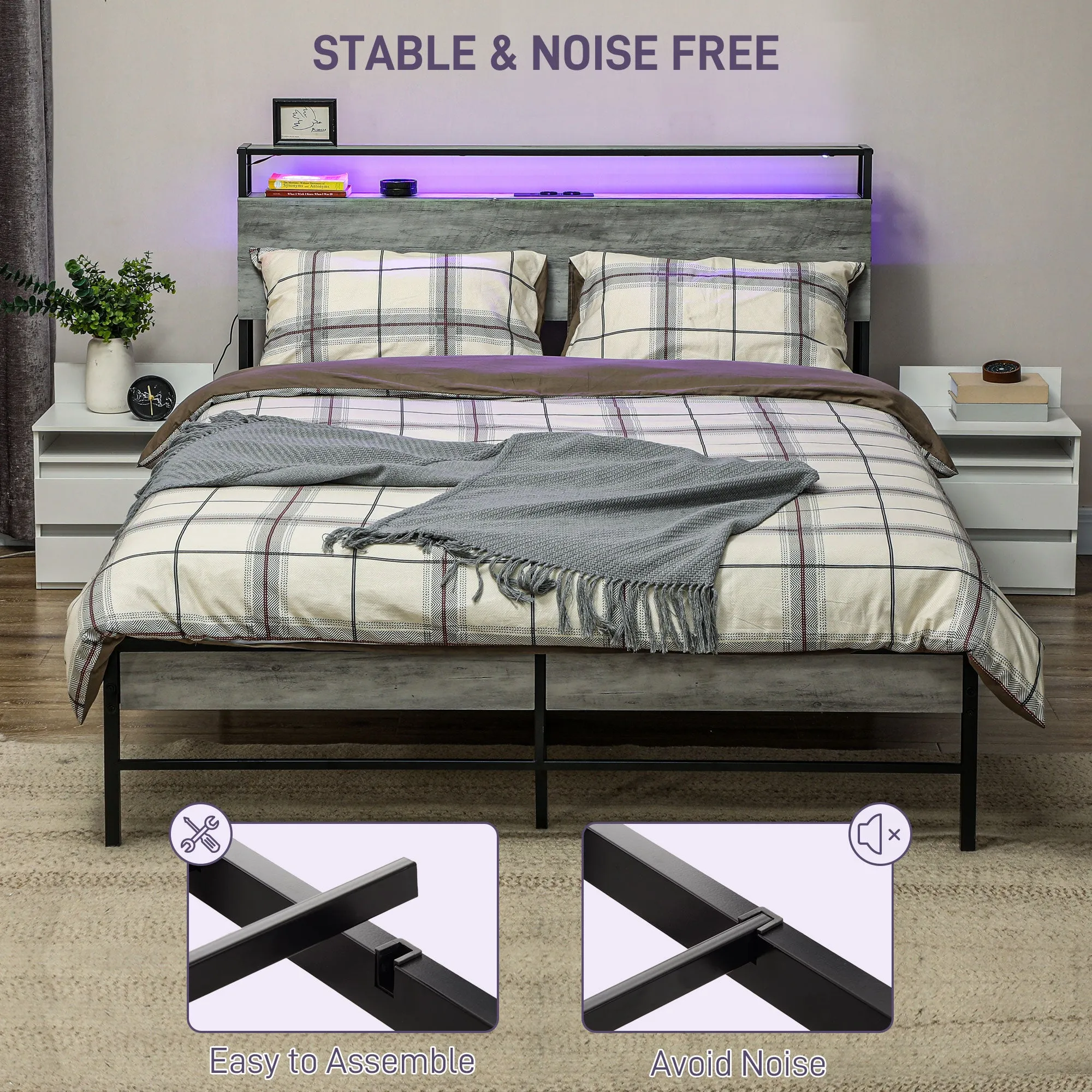 LED Double Bed Frame with Charging Station, 135 x 190cm, Cement Grey