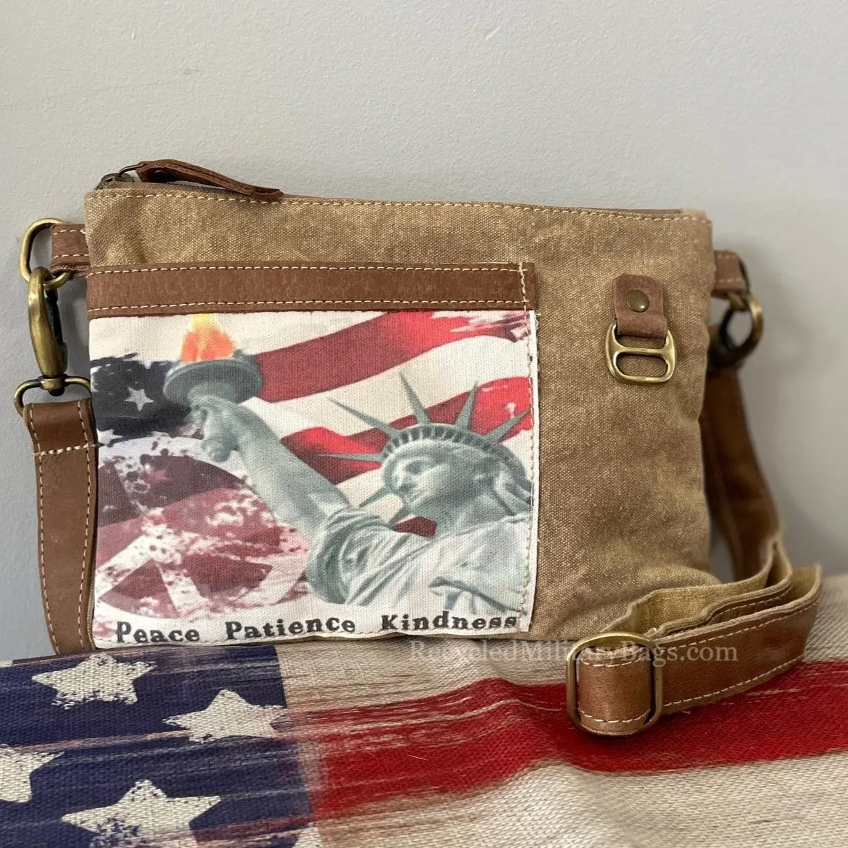 Peace and Lady Liberty Sustainable Canvas Patriotic Bag Crossbody Purse ~ Peace Patience and Kindness at it's Best!