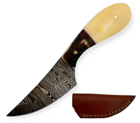 Red Deer PCD-129 Damascus Hunting Knife | 4.75" Bone Handle & Leather Sheath
