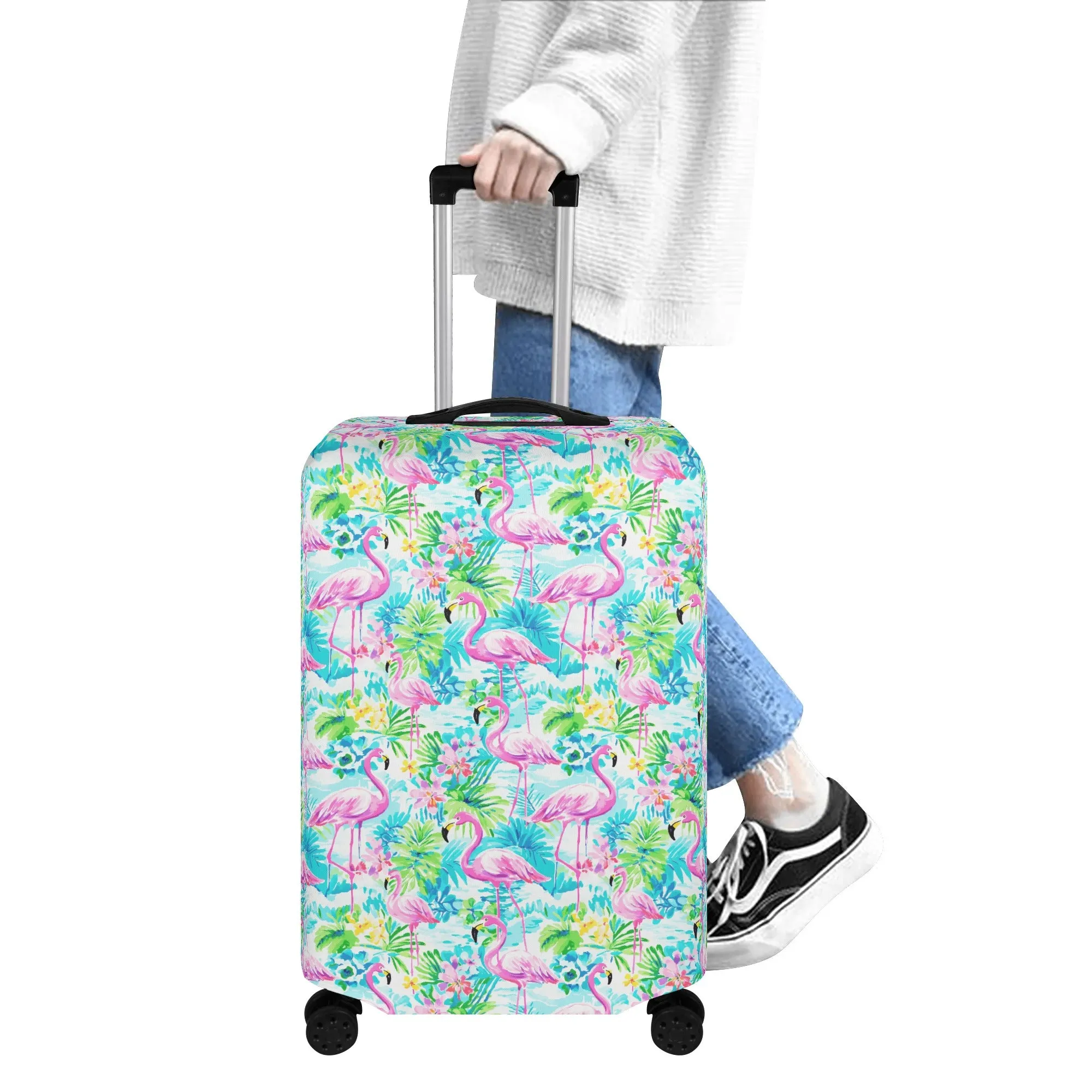 Tropical Flamingo Haven: Surrounded by Flowers and Palm Trees Luggage Protector and Cover 4 Sizes