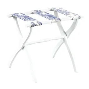 White Contour Leg Wood Luggage Rack With 3 Blue Toile Straps