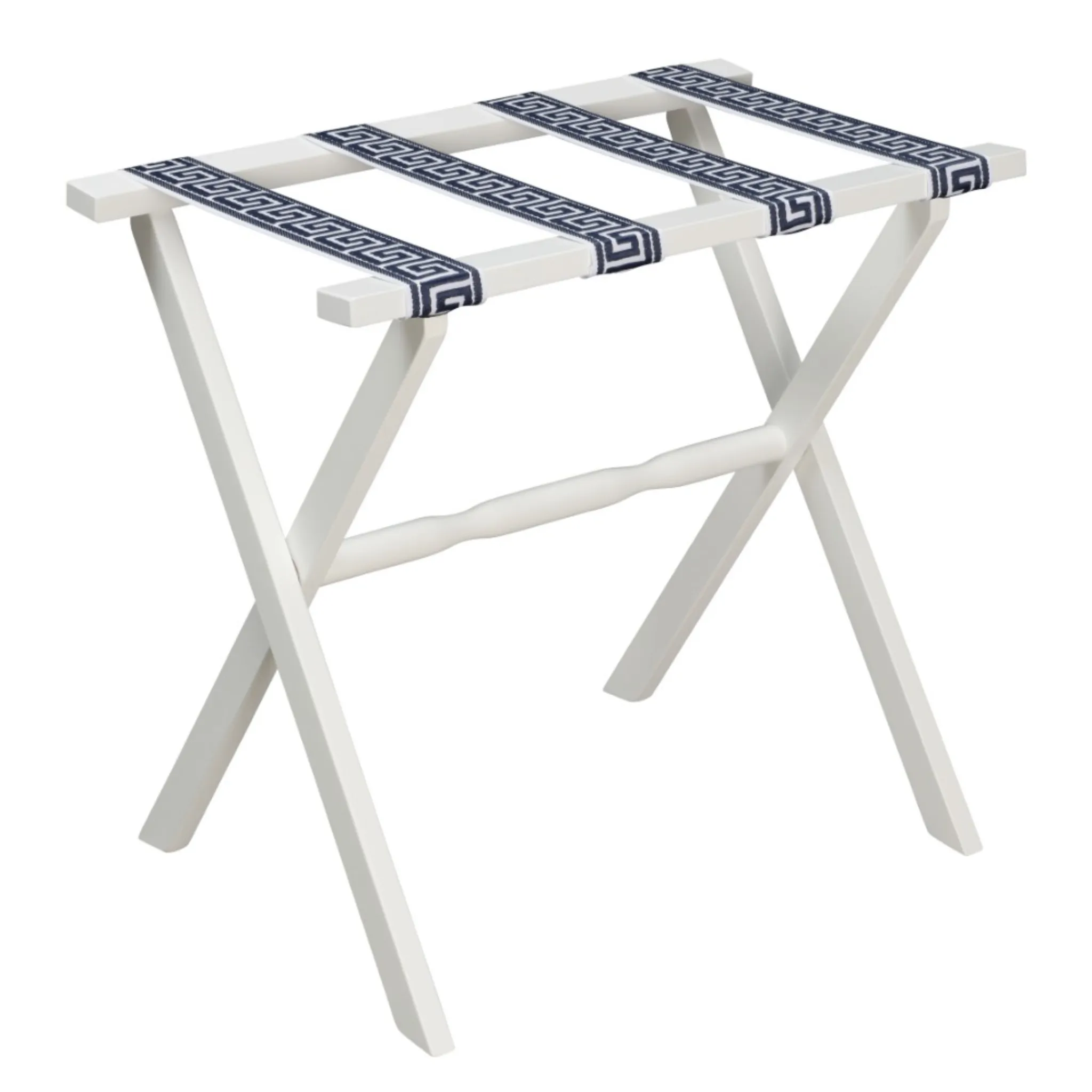 White Straight Leg Wood Luggage Rack with 4 White & Sky Blue Greek Key Straps