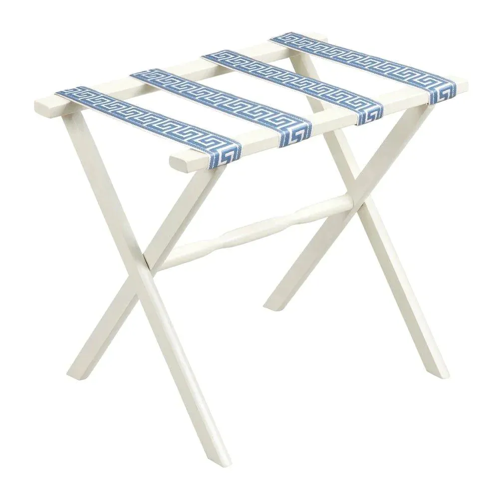 White Straight Leg Wood Luggage Rack with 4 White & Sky Blue Greek Key Straps